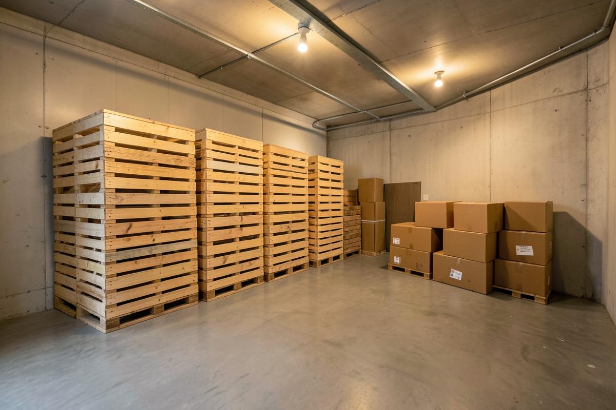 Entrepôt de stockage sécurisé avec caisses en bois et cartons empilés