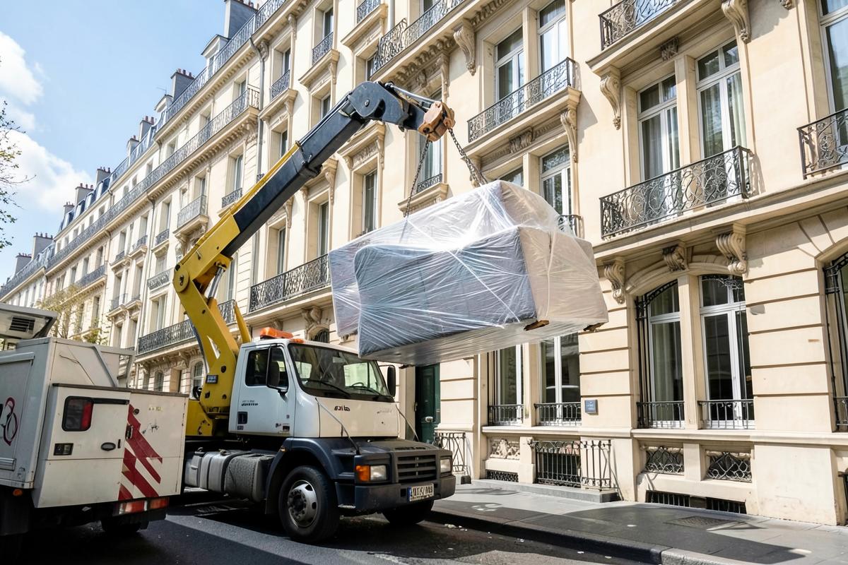 Monte-meuble soulevant un canapé emballé jusqu’à une fenêtre d’immeuble haussmannien